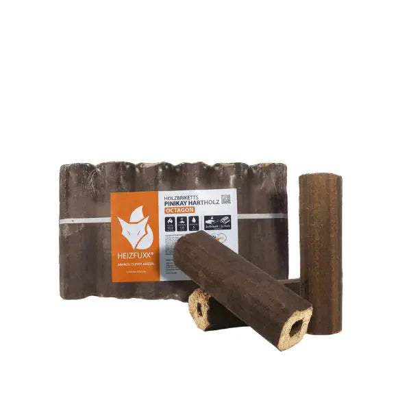 Heizfuxx PiniKay Octagon Holzbriketts – 960 kg (96×10 kg), Hartholz, achteckig mit Loch, ≥ 4,8 kWh/kg